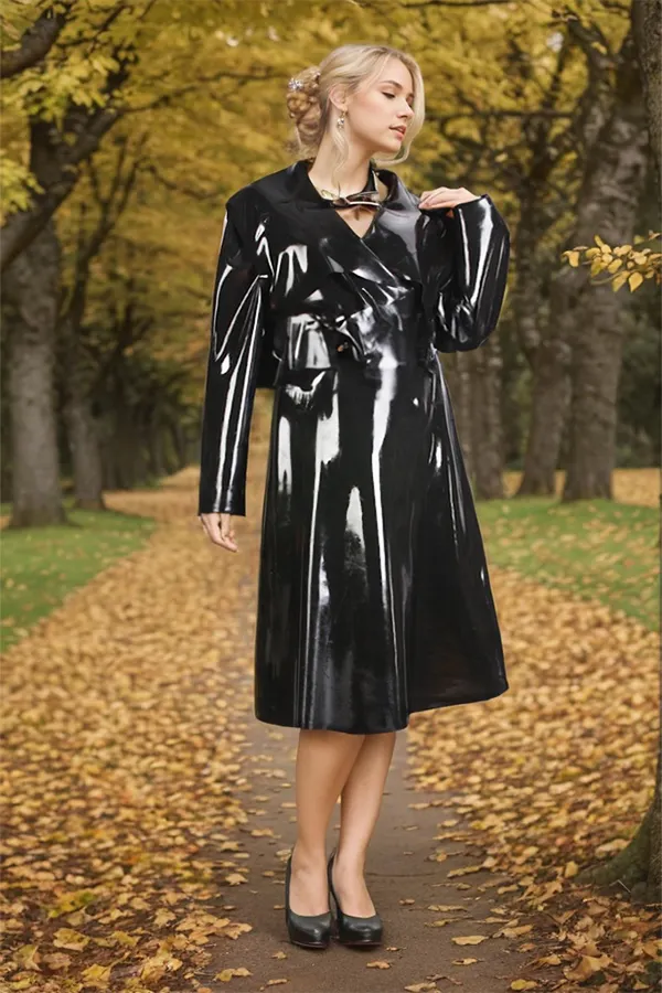 Women Latex Coats Black Detachable Belt