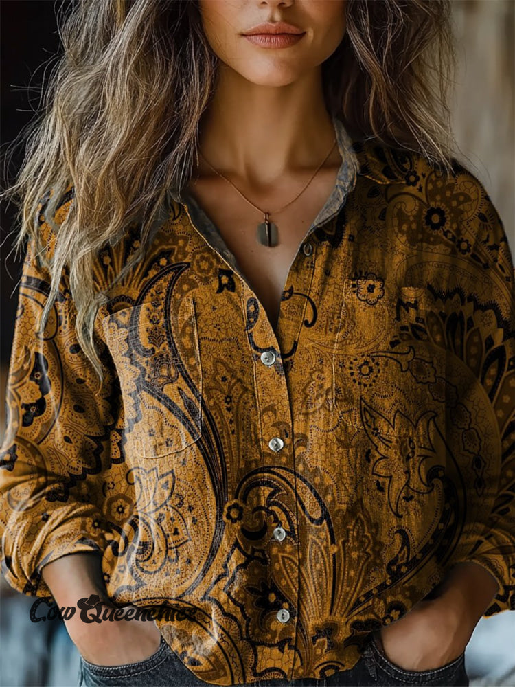 Women&rsquo;s Retro Ethnic Pattern Print Casual Long Sleeve Comfortable Cotton Shirt Multicolor / S
