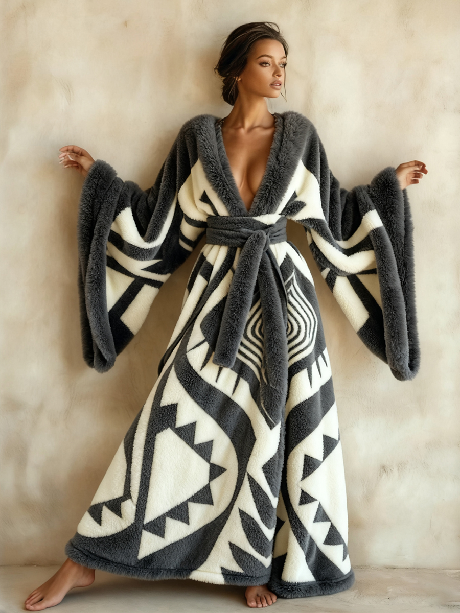 Abstract  Art Print Kimono Long Gown Autumn and Winter Robe With Belt