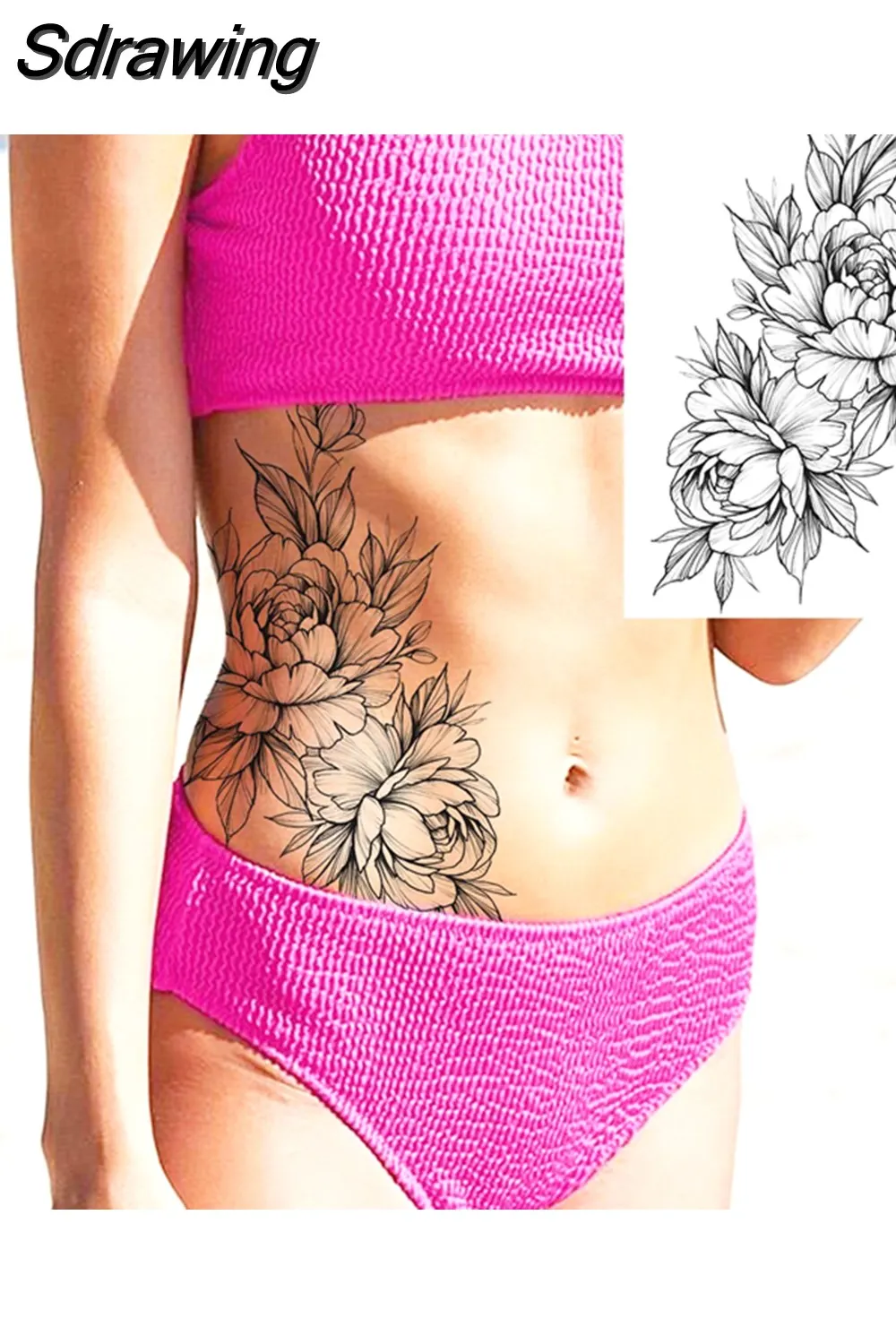 Sdrawing Peony Flower Temporary Tattoos For Women Adults Realistic Compass Moon Pendant Fake Tattoo Sticker Arm Body Tatoos 507-1
