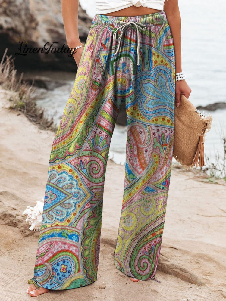 Women&rsquo;s Vintage Ethnic Art Printed Cotton And Linen Casual Pants Multicolor / S
