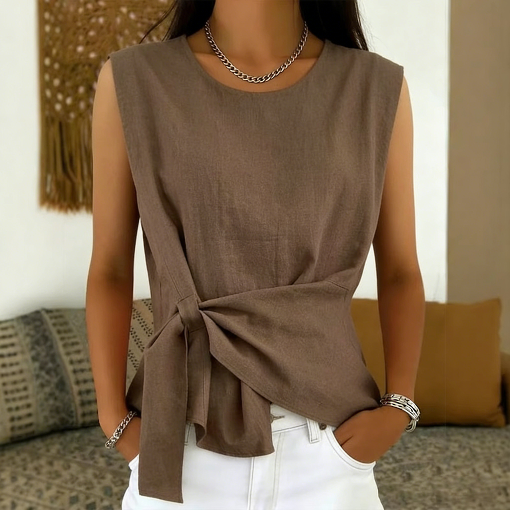 Women's Casual Linen Blend Asymmetrical Sleeveless Fitted Shirt elevenforest