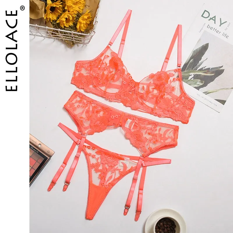 Ellolace Neon Floral Lingerie 3 Piece Set Transparent Underwear Women Push up Bra With Bone Erotic Lingerie Sensual Lingerie Set