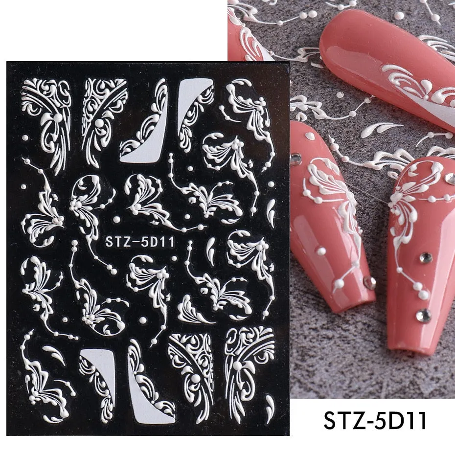 Nail Stickers Embossed 5D Elegant Carved Rose Pattern Designs Back Glue Nail Decals Tips For Beauty Salons-Nail Inspo