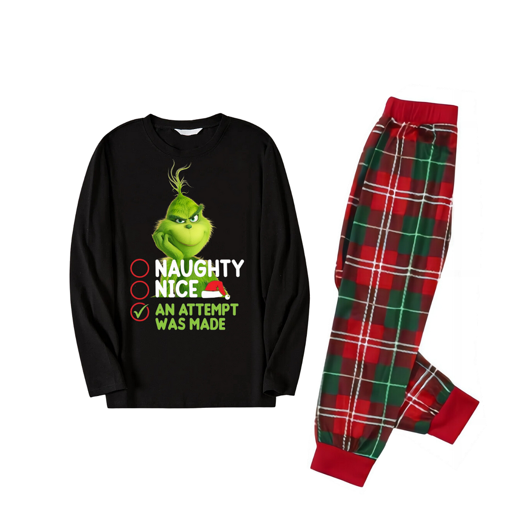 Cute Cartoon Pattern and Slogan Printed Red and Green Plaid Family Matching Pajamas