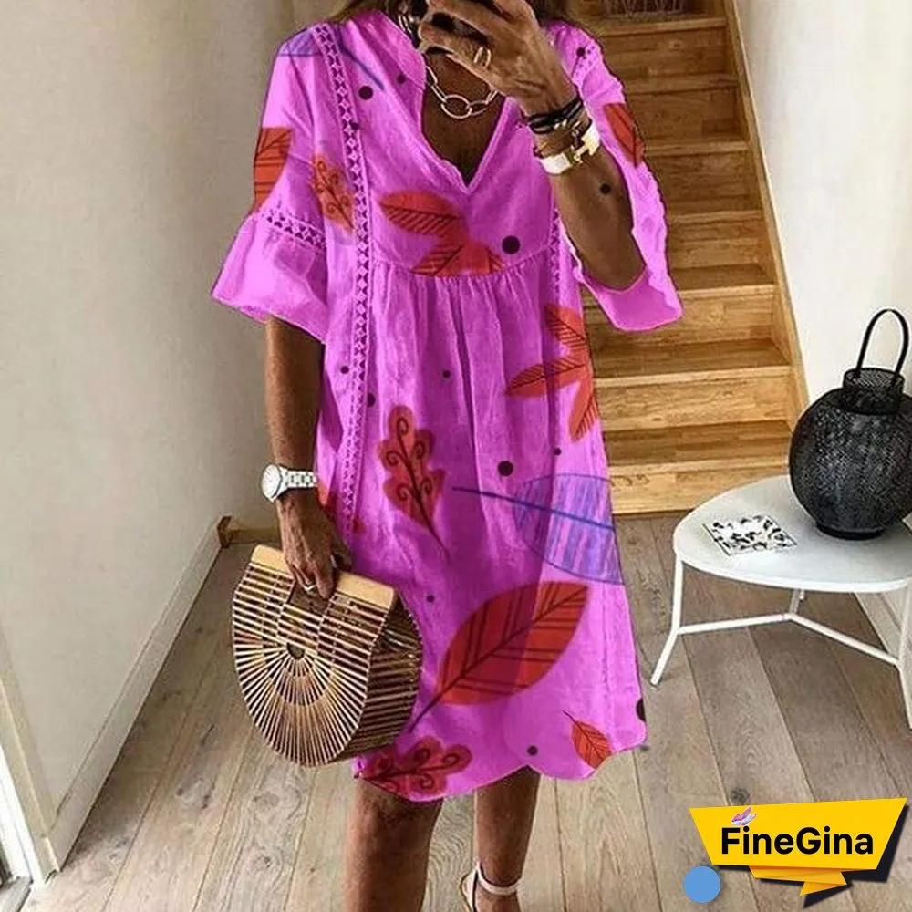 Women Sexy Hollow Out V-neck Mini Dress Floral Print Patchwork Dress Casual Beach Dress