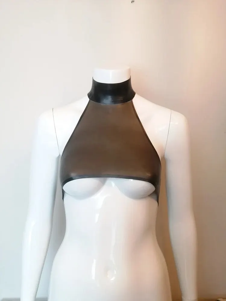 Women Latex Tops Smoky Black Under-Boob Halter