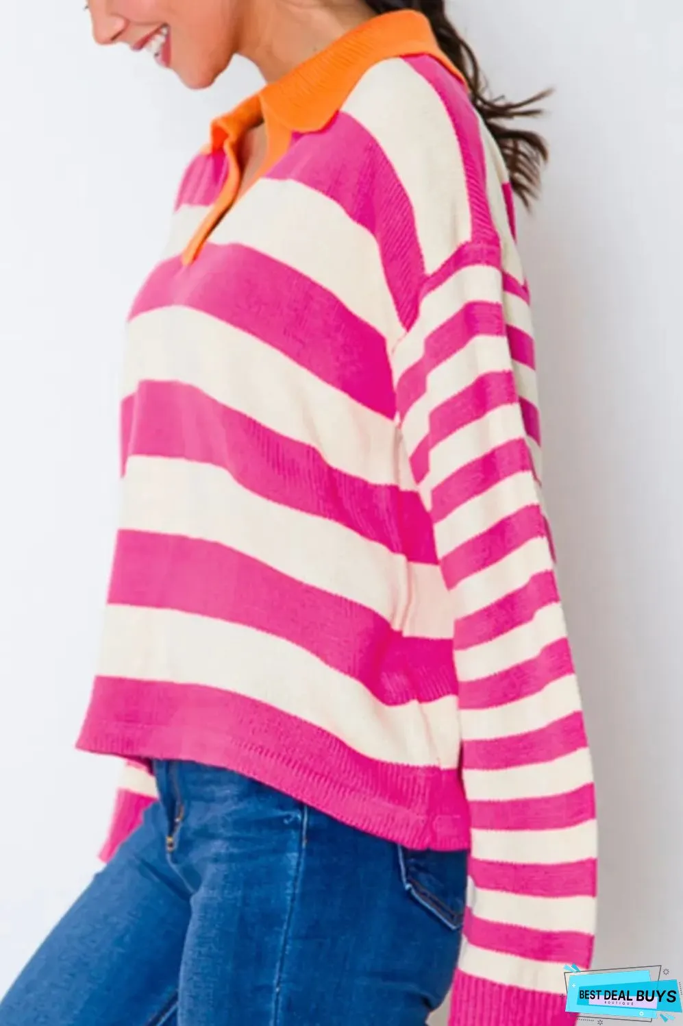 Contrast Stripes Johnny Collar Long Sleeve Sweater