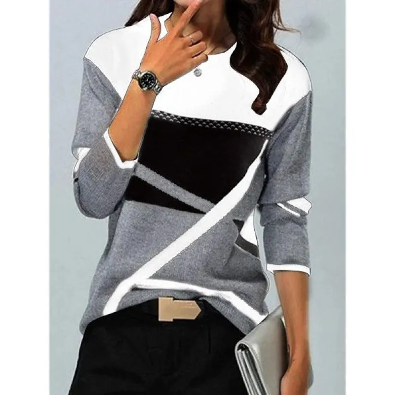 Brownm Loose Color Printed Round Neck Long Sleeve T-shirt