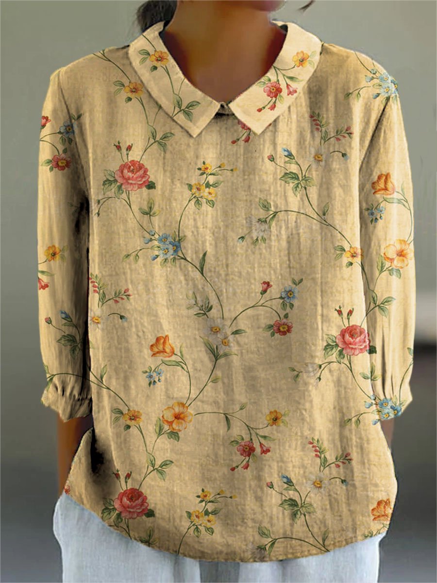 Women's Vintage Floral Art Print Casual Cotton And Linen 3/4 Sleeve Shirt