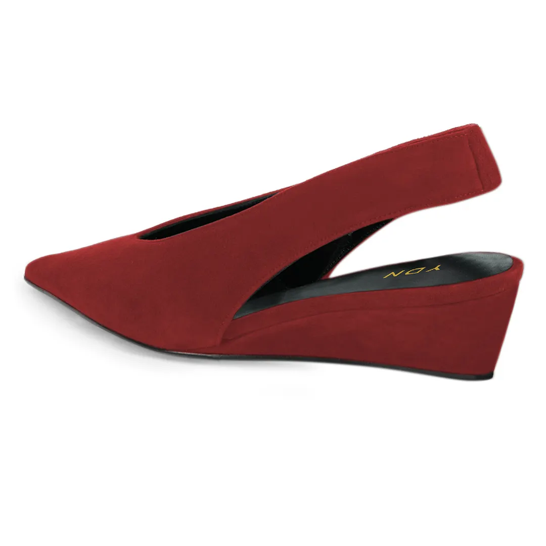 Dark Red Pointed Toe Slingback Strappy Classy Pumps with Wedge Heel