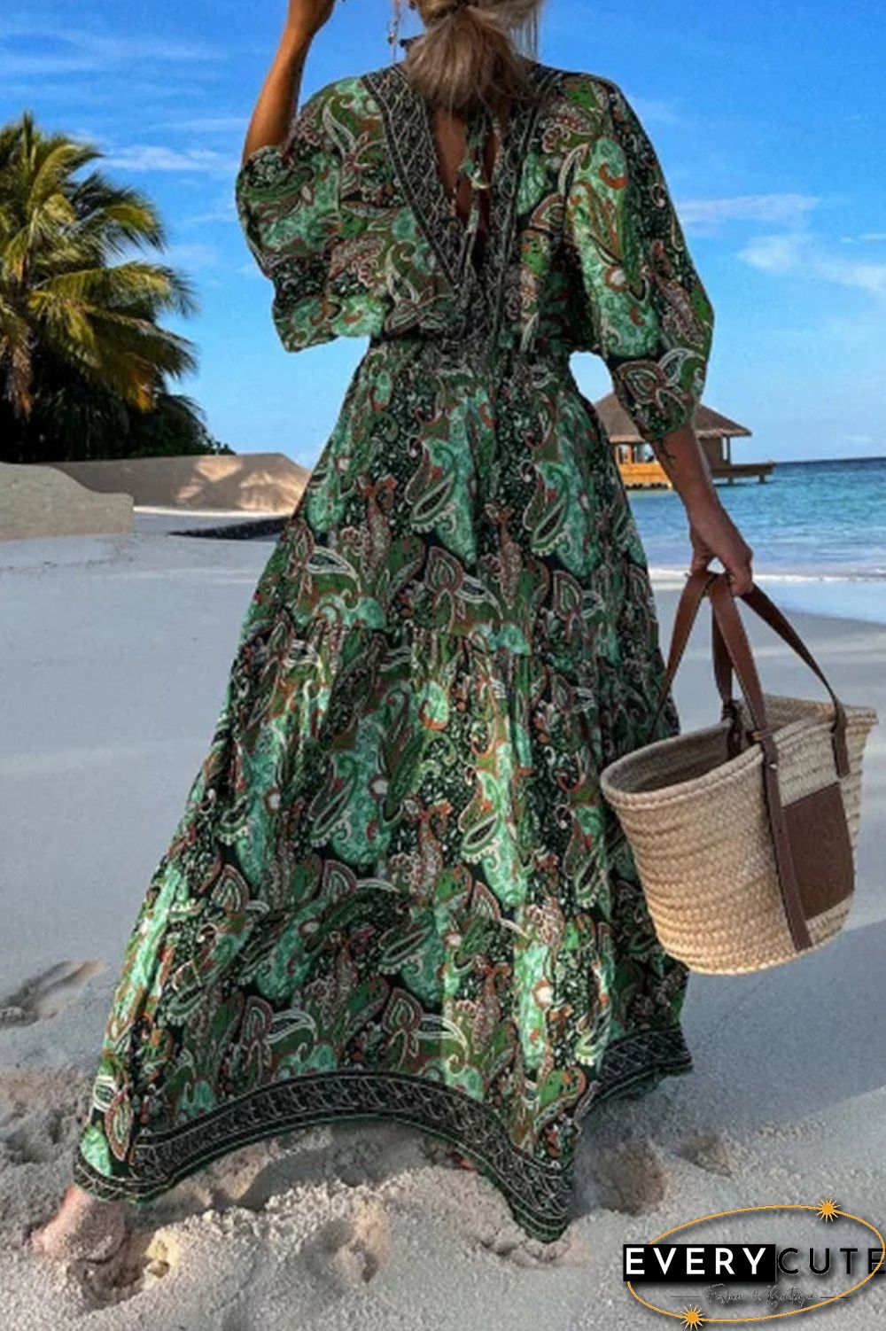 Fashion Print Printing V Neck Beach Dresses(3 Colors)