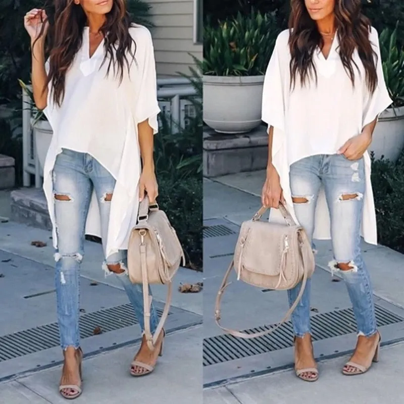 Hot 2021 Women Blouses Summer Elegant Irregular V-Neck Chiffon Soft Tunic Casual Solid Breathable Half Batwing Sleeve Top Shirts