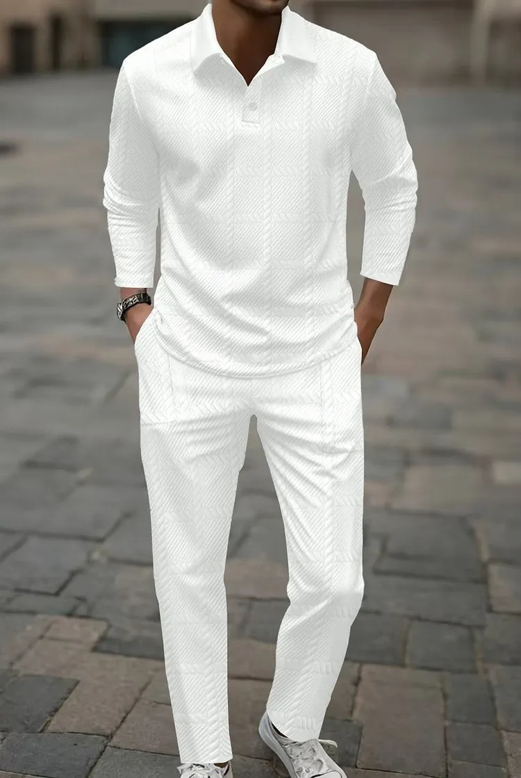 Men's Knit Polo Shirt & Pants Set Long Sleeve Collared Two Piece Outfit