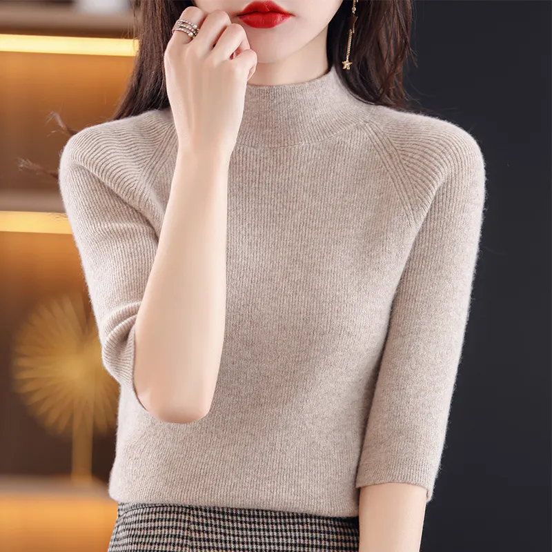 Churchf Churchf Summer Slim Head Five Minute Sleeve Bottom Top New Half High Collar Solid Color Simple Medium Sleeve Sweater Women