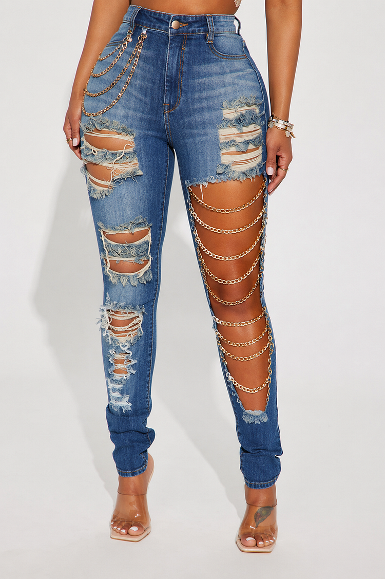 High Waist Distressed Ripped Denim Skinny Jeans 