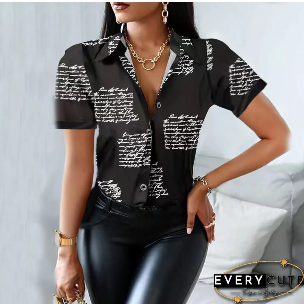 Summer Women Black Floral Print Top Shirt Fashion Casual Short Sleeve Turn-down Collar Tops Shirts New Elegant Slim Button Shirt