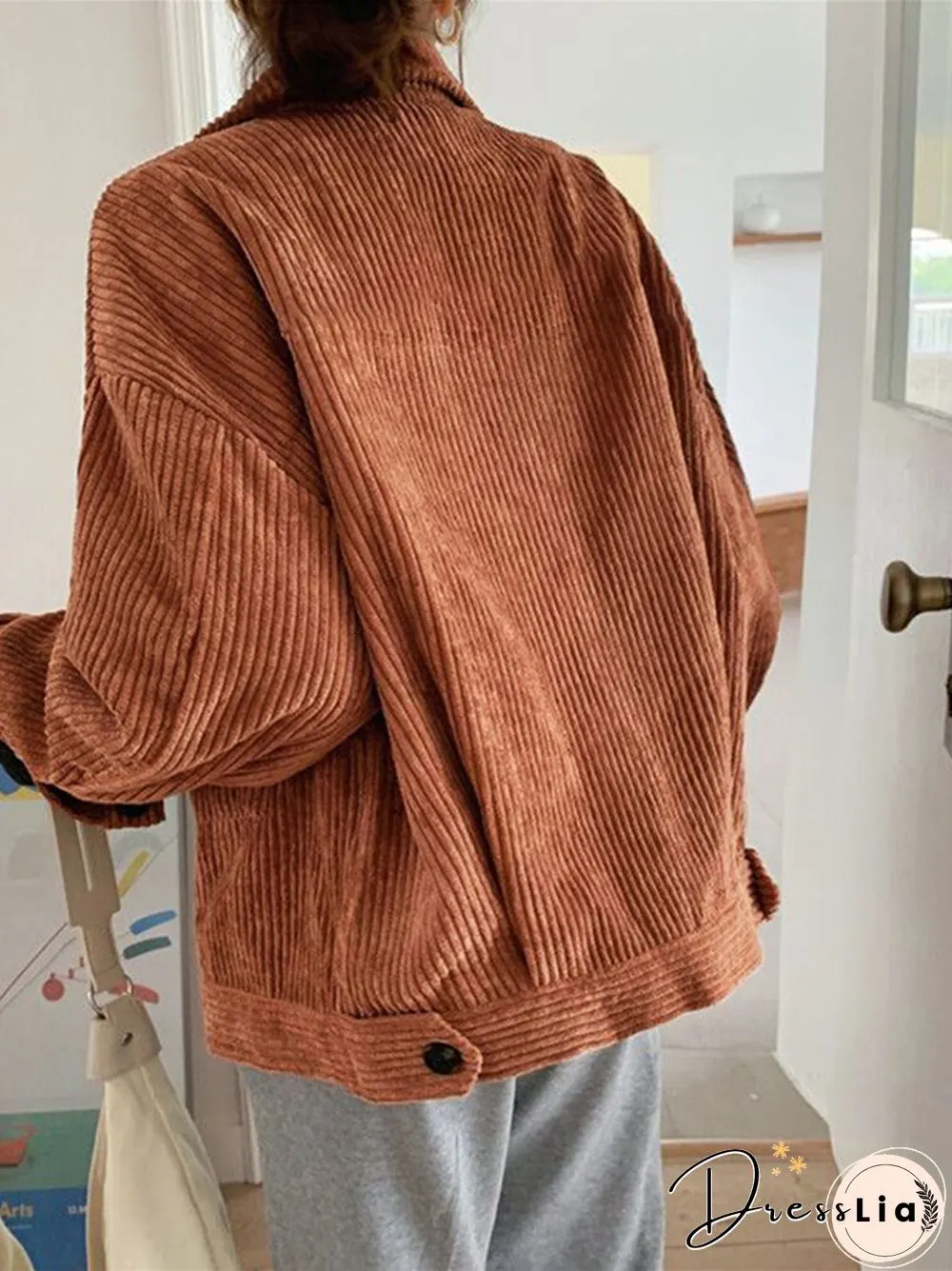 Corduroy Solid Pocket Button Loose Long Sleeve Lapel Jacket