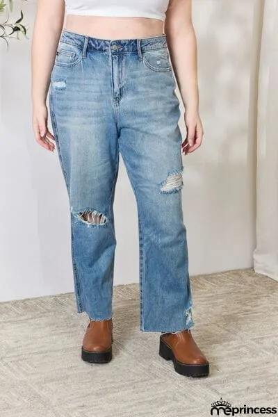 Judy Blue Full Size Distressed Raw Hem Straight Jeans