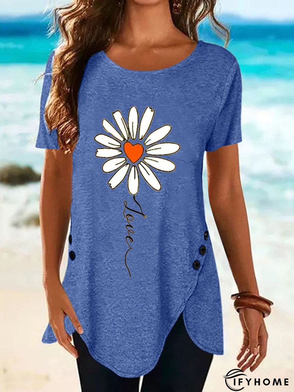 Women Casual Short Sleeve Floral Tulip Vacation Tunic Shirt Round Neck Asymmetrical Hem Button Side blouse Top | IFYHOME