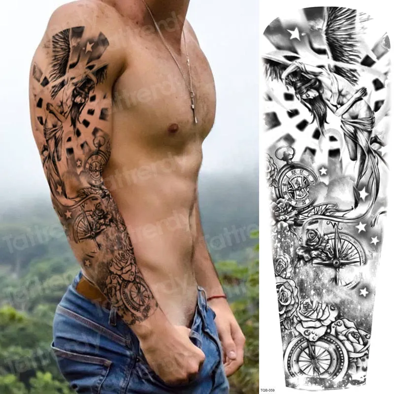skull sleeve tattoo designs large full arm temporary tattoos for men boy tatoo fake waterproof tiger totem lion dragon pattern