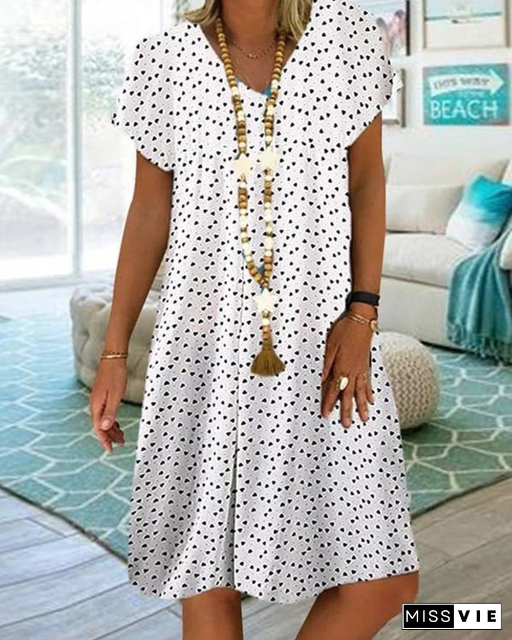Women Casual Short Sleeve V-neck Polka Dot Printed Dress