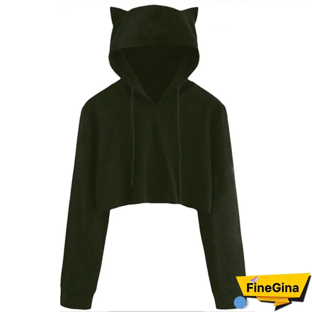 Cute Womens Sweatshirts Hoodie Crop Tops Solid Cat Ear Long Sleeve Cropped Sweatshirt Hooded Pullover