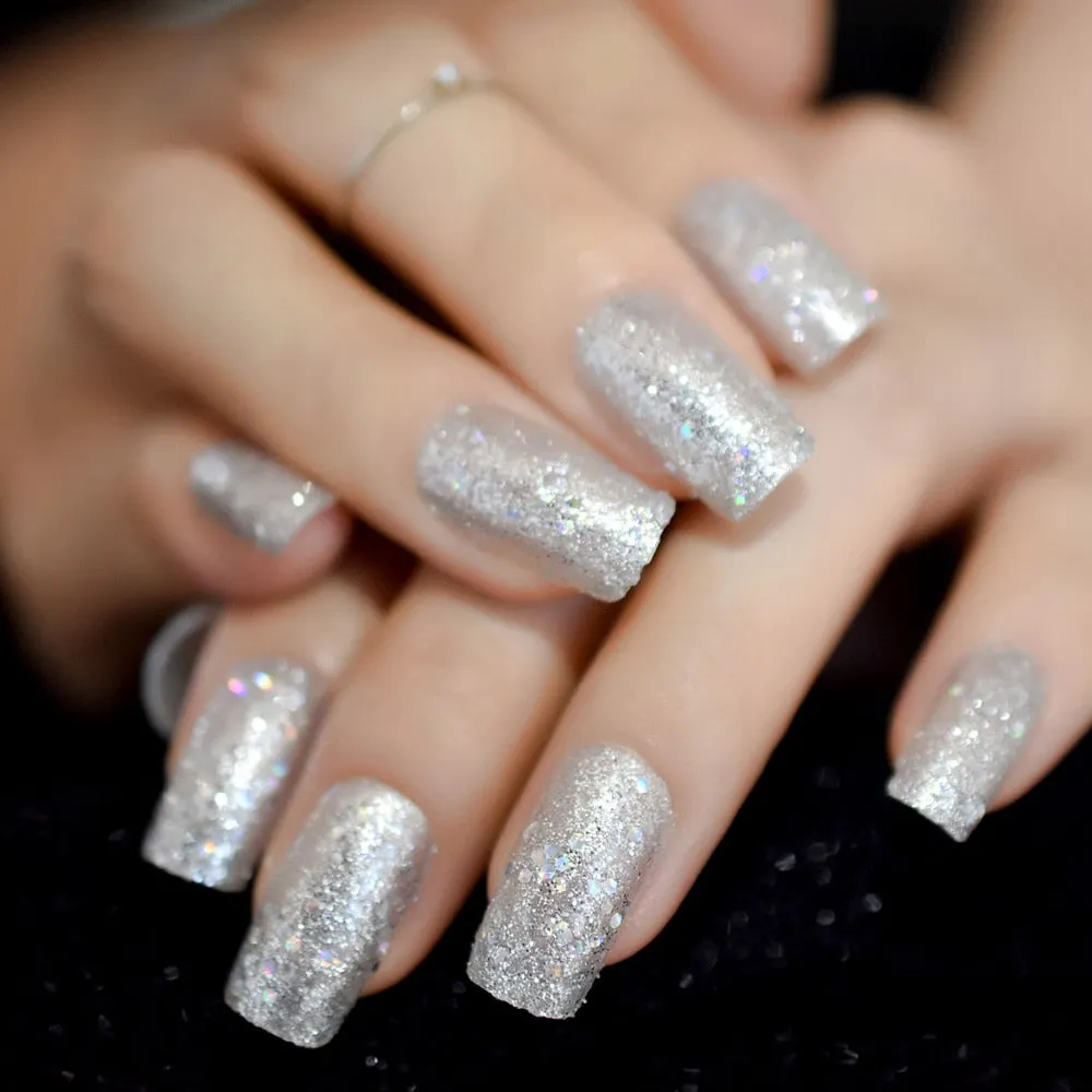 Taro Purple Square Fake Nails Mix Red Champagne Glitter Medium Press On Nails UV Shiny Nail Art Tips Including Glue Tabs-Nail Inspo