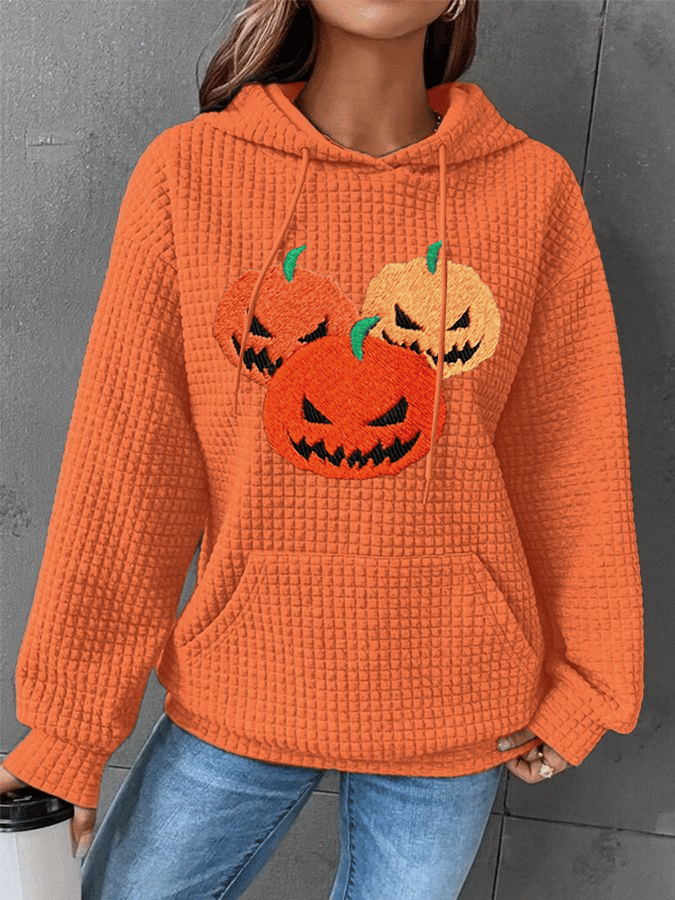 Women's Pumpkin Face Print Waffle Fabric Hooded Sweatshirt 