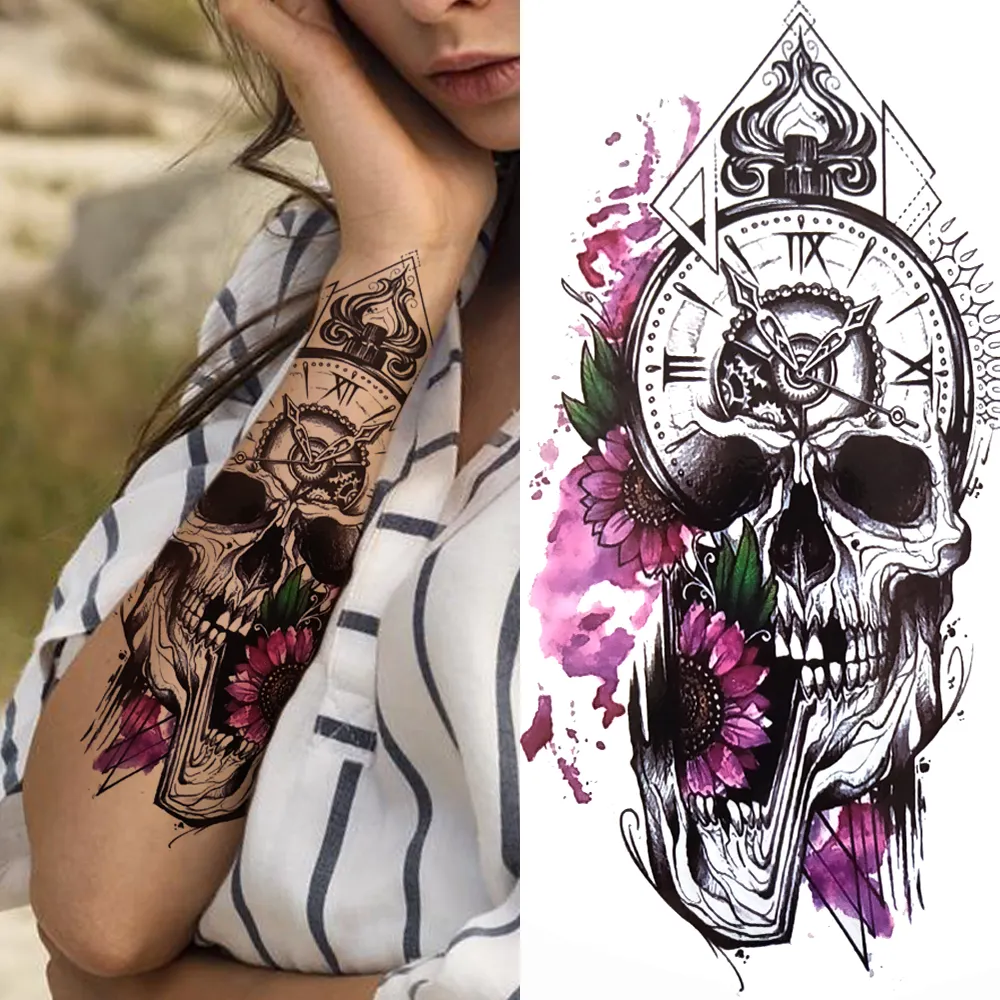 Sdrawing Lion Flower Temporary Tattoos For Women Men Kids Boy Black Tiger Skeleton Tattoo Sticker Fake Compass Tatoos Half Sleeve