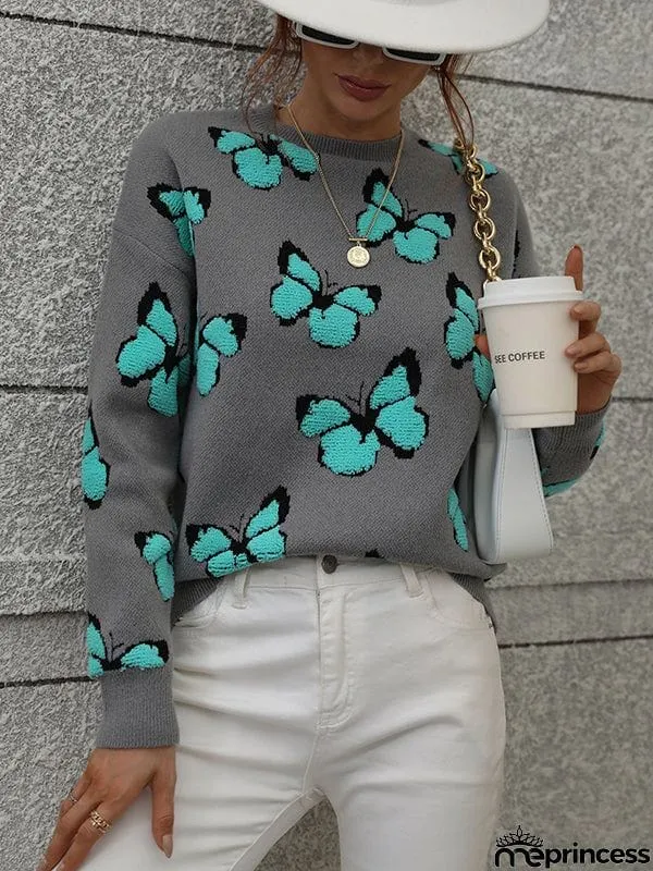Original Long Sleeves Loose Butterfly Print Contrast Color Round-Neck Sweater Tops