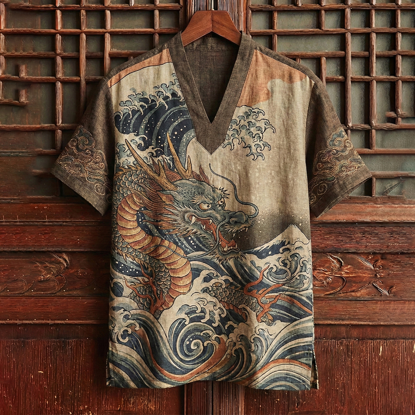 Men's Japanese-style Linen Dragon And Wave Art Linen Shirt  artssus