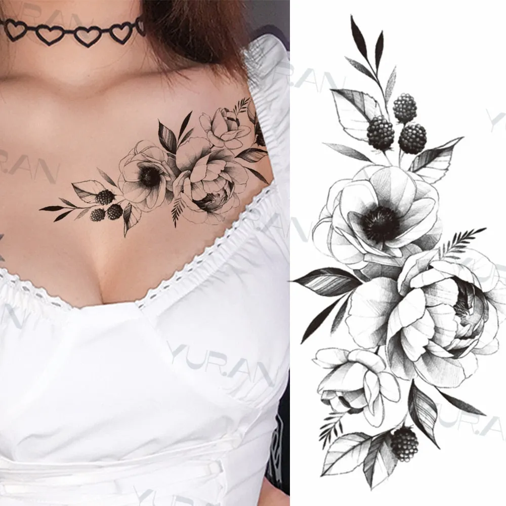 Black Large Snake Flower Fake Tattoo Sticker For Women Dot Rose Peony Temporary Tattoos DIY Water Transfer Tatoos Girls 530