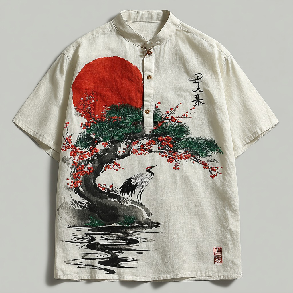 Japanese Pine And Crane Embroidered Button-down Linen Shirt
