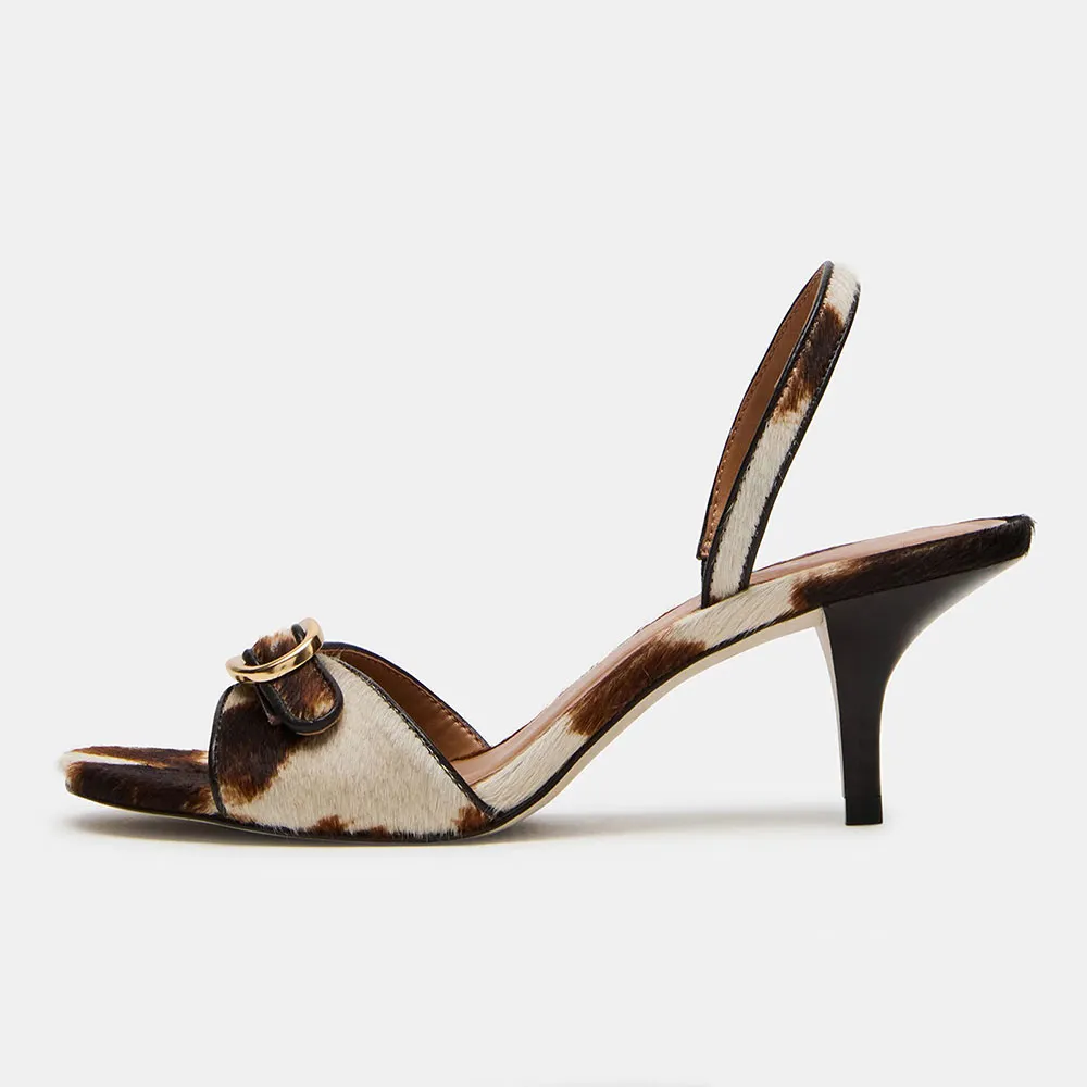 Brown & White Cow Print Slingback Stiletto Heeled Sandals with Buckle