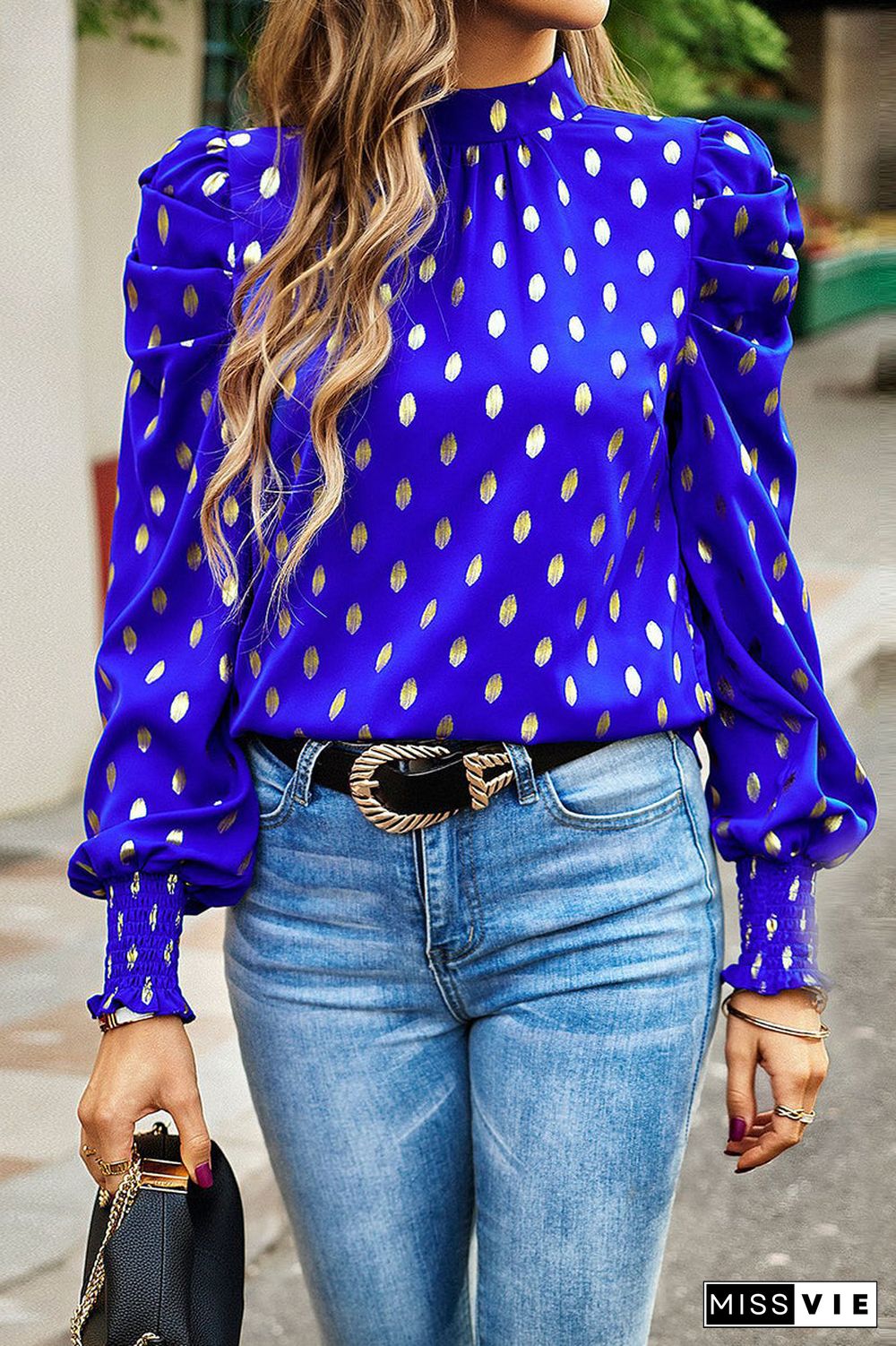 Elegant Polka Dot Fold Half A Turtleneck Tops