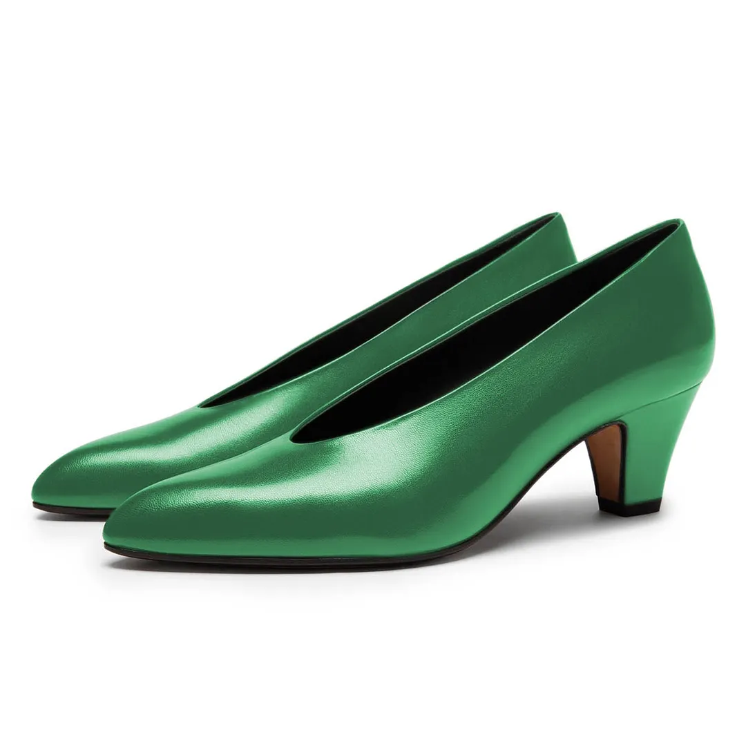 YDN Classic Green Pointed Toe Chunky Heel Slip-On Pumps Shoes