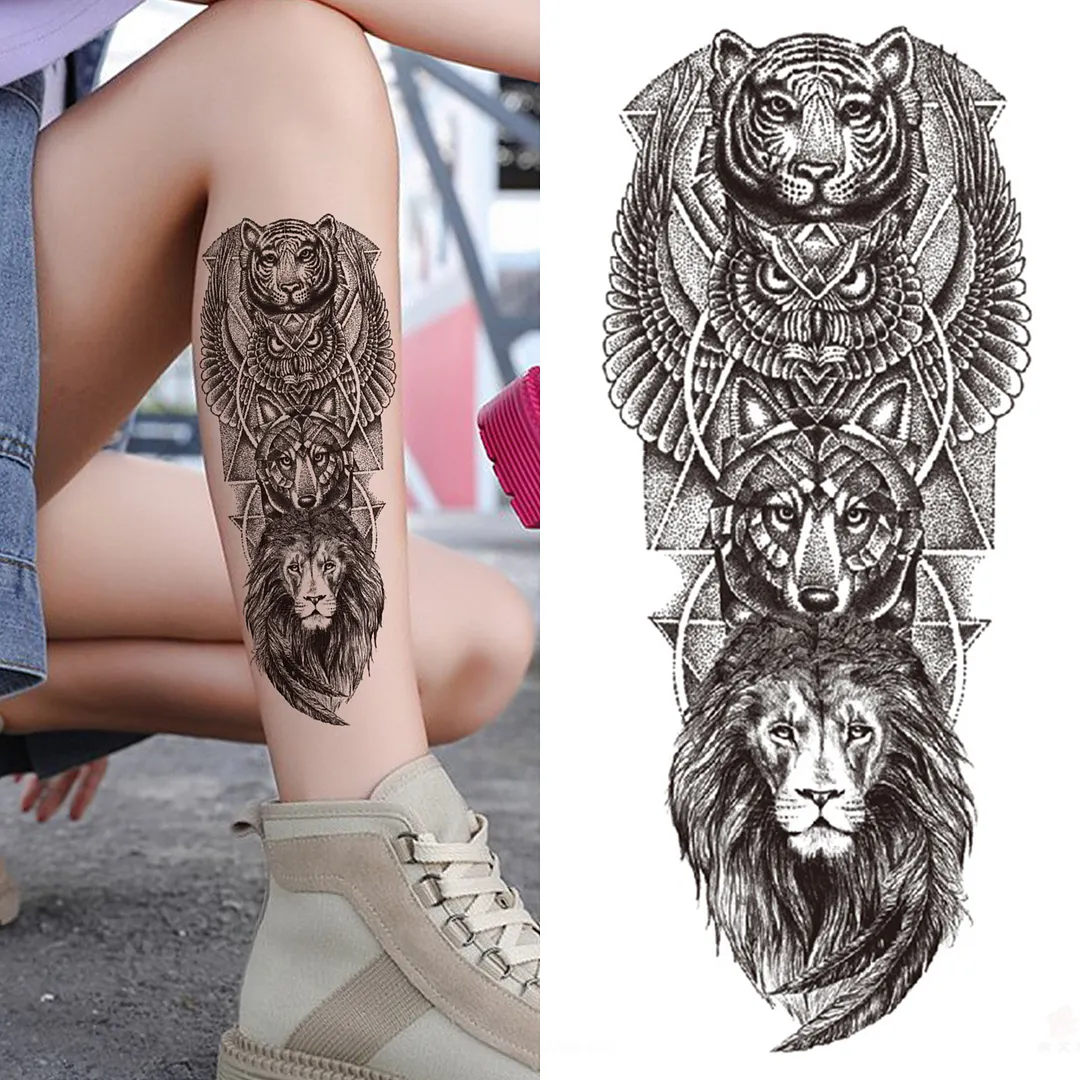 Sdrawing Lion Flower Temporary Tattoos For Women Men Kids Boy Black Tiger Skeleton Tattoo Sticker Fake Compass Tatoos Half Sleeve