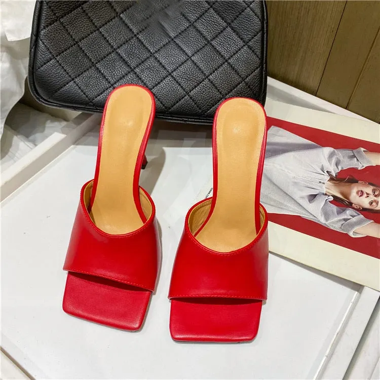 Eilyken 2022 New Summer Women's Mules Slippers Elegant Square Toe High Heels Slippers Ladies Slides Shoes Femme Zapatos Mujer