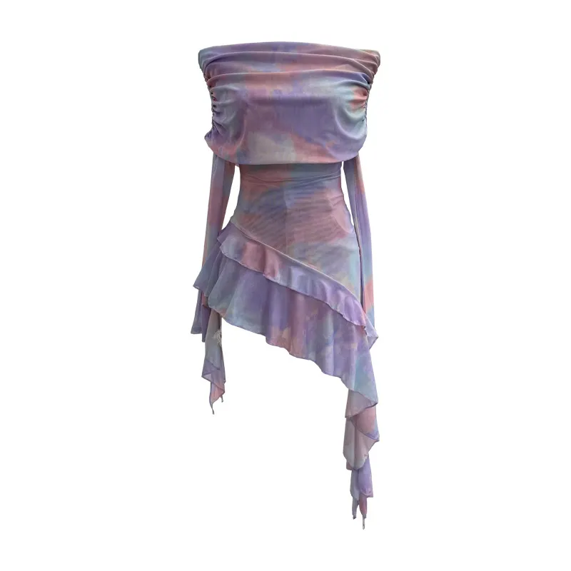 Brownm Sweet And Spicy Shoulder Dyed Printing Mesh Long-Sleeved Coat Folds Irregular Ribbon T-Shirt 9997