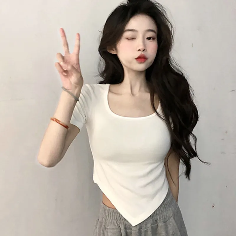 Uveng Uveng Girl Square Collar Short Sleeve Women's Summer 2024 New Thin Slim Casual Top Irregular Trendy Ins Girls T-Shirt