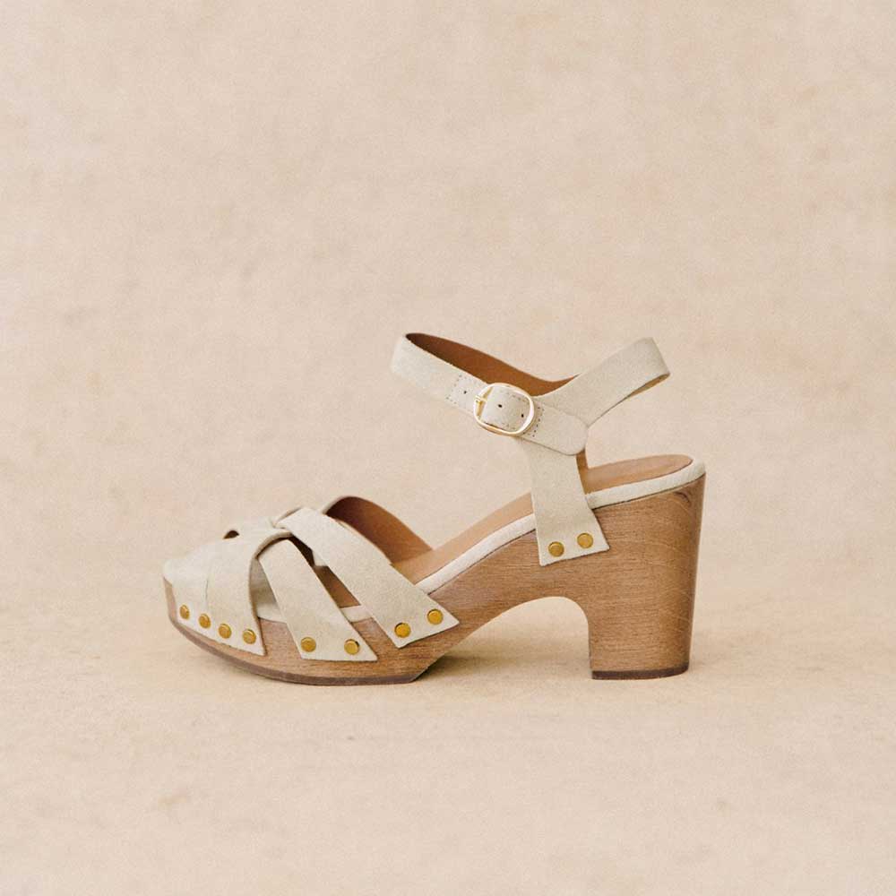 Beige Vegan Suede Platform Sandals Cross Strap Studded Heeled Clogs