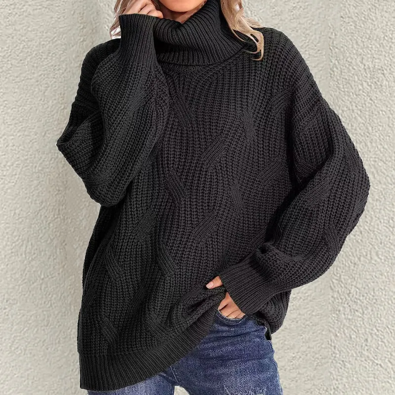 Retro Loose Turtleneck Cable Knitted Long Sleeve Sweater