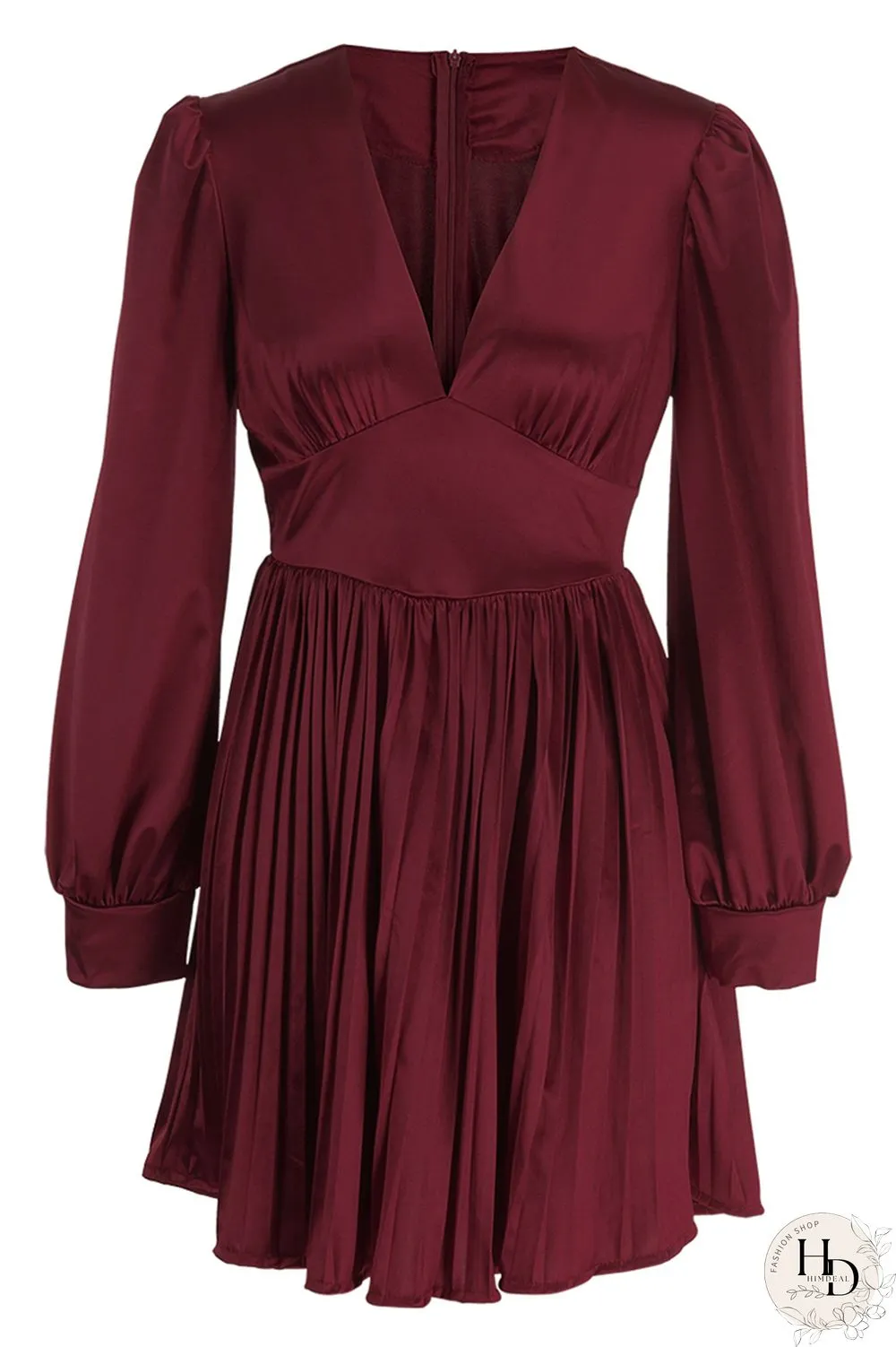 Burgundy Casual Solid Patchwork Fold V Neck Pleated Dresses