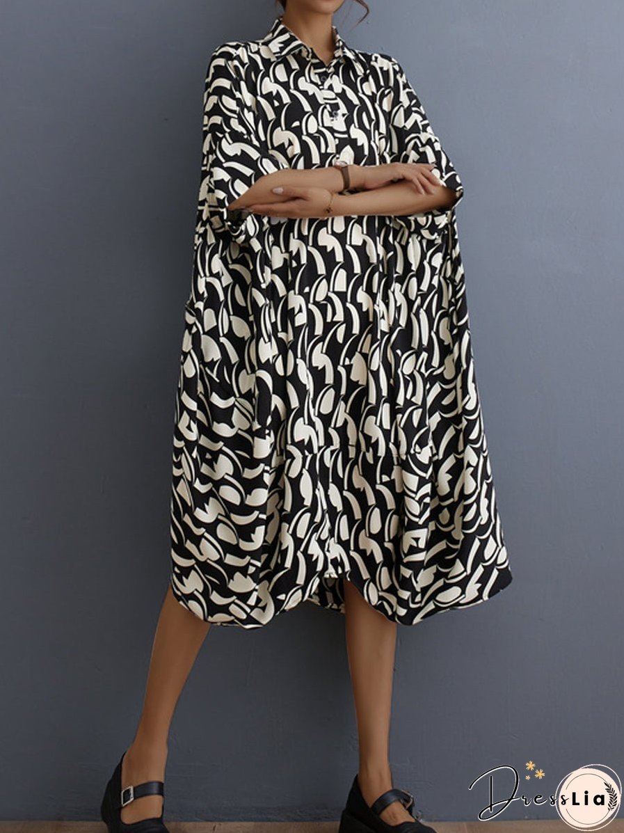 Literary Retro Floral Loose Lapel Temperament Midi Dress