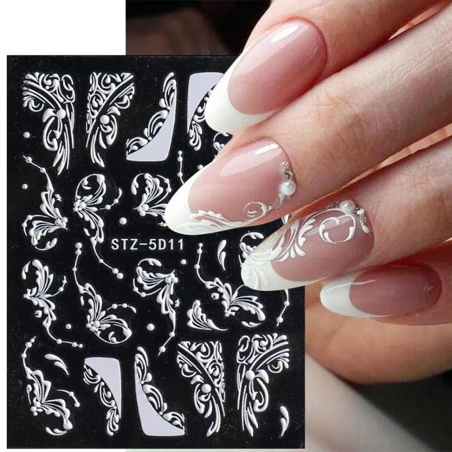 Nail Stickers Embossed 5D Elegant Carved Rose Pattern Designs Back Glue Nail Decals Tips For Beauty Salons-Nail Inspo