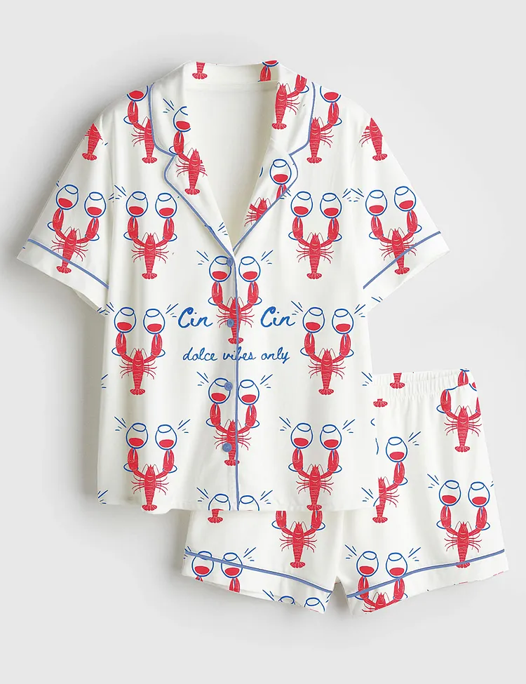 Women&rsquo;s Fisherman Aesthetic Dalce Vibes Coastal Lobster Ocean Italian Girl Travel Wine Champagne Short Sleeve Satin Pajama Set