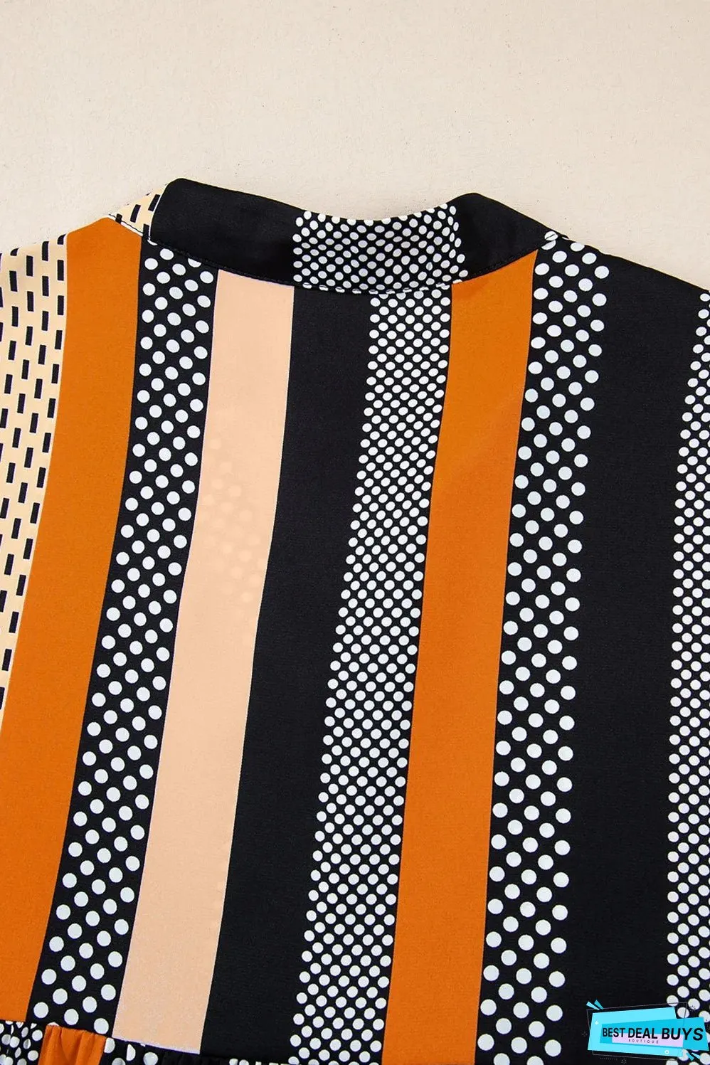 Black Striped Polka Dot Print Ruffled Hem V Neck Mini Dress