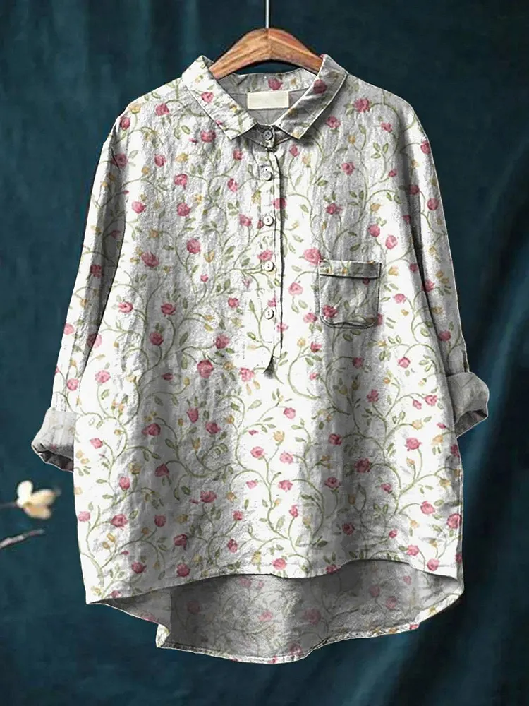 Petite Rose And Vine Repeat Pattern Printed Womens Casual Cotton And Linen Shirt