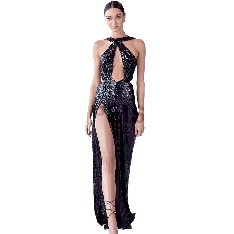 Brownm Brownm Spring Sexy Party Beads Irregular Temperament Evening Dress Female Hanging Neck Dress
